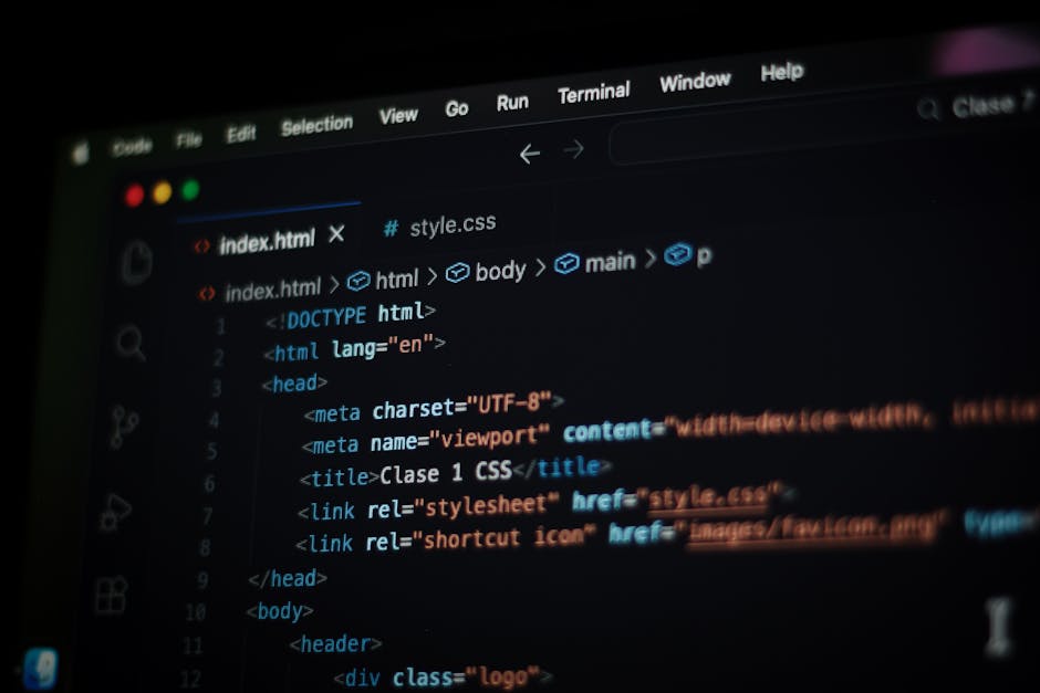 A close-up view of a computer screen displaying lines of HTML code highlighted in shades of blue, pink, and white. The code includes tags such as <DOCTYPE html>, <html>, <head>, and <body>, with vario