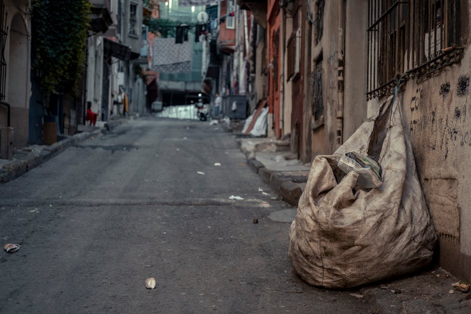 A pile of mixed waste materials is situated at the base of a weathered brick and concrete wall, near a large dark tree trunk visible on the left. The waste includes various flattened cardboard boxes, 